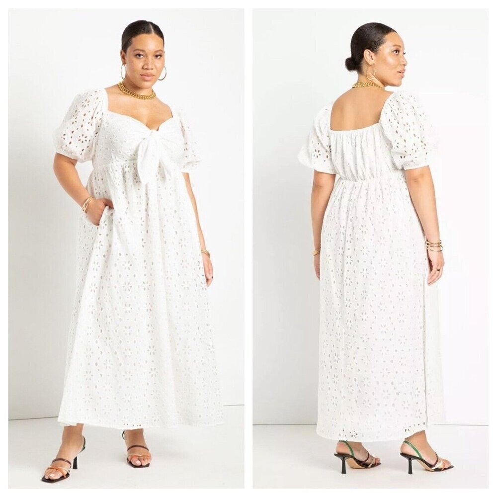 Eloquii Maxi Dress Plus Size 18 White Tie Front Eyelet Puff Sleeve Wedding Bride